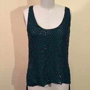 Diane von Furstenberg DVF Black Silk Teal Sequin High-Low Tank Top Small - EUC